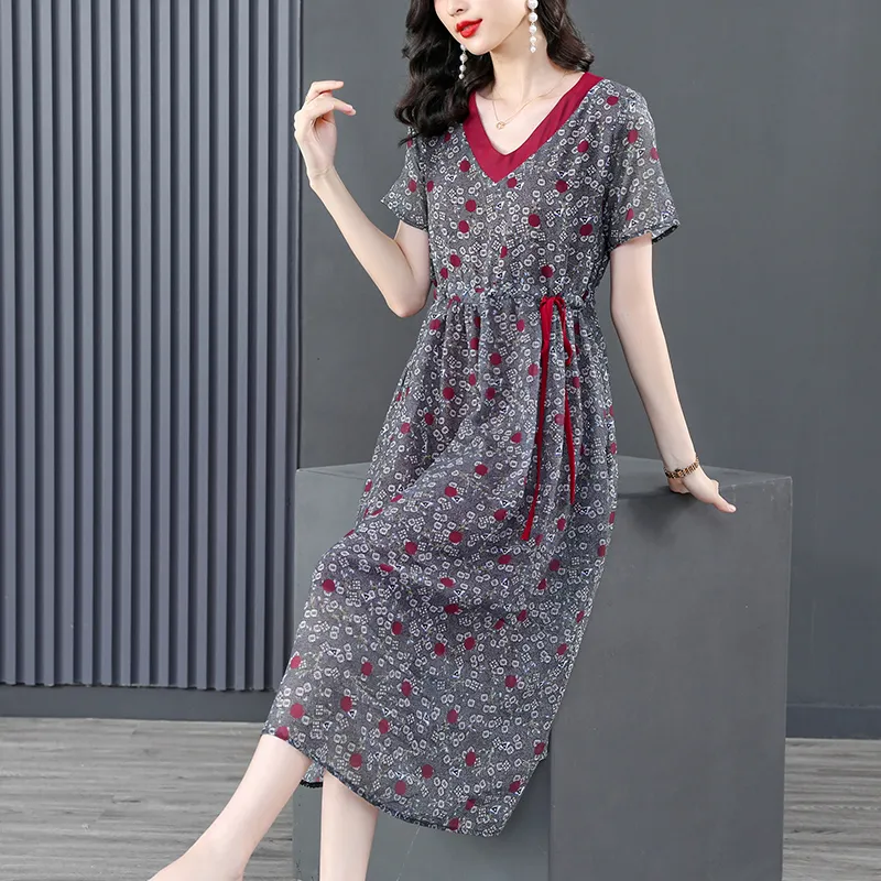 8626# YM Nya sommarkvinnor Casual Dresses V-ringen Kort ärmtryck Bälte snörning Lous Fashion Dress M-XXXL