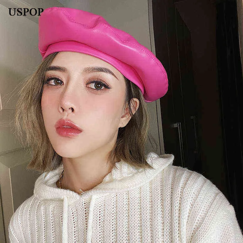 Uspop Otoño Invierno sombreros mujer boinas Color sólido Pu cuero boina sombrero rosa rojo boinas J220722