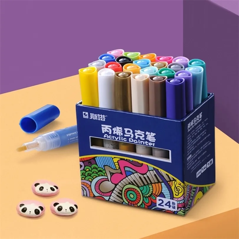 STA 12/24 Colors/set Acrylic Marker Pen Permanent Painting For Body Ceramic Rock Glass Porcelain Mug Wood Fabric Canvas Drawing 210226