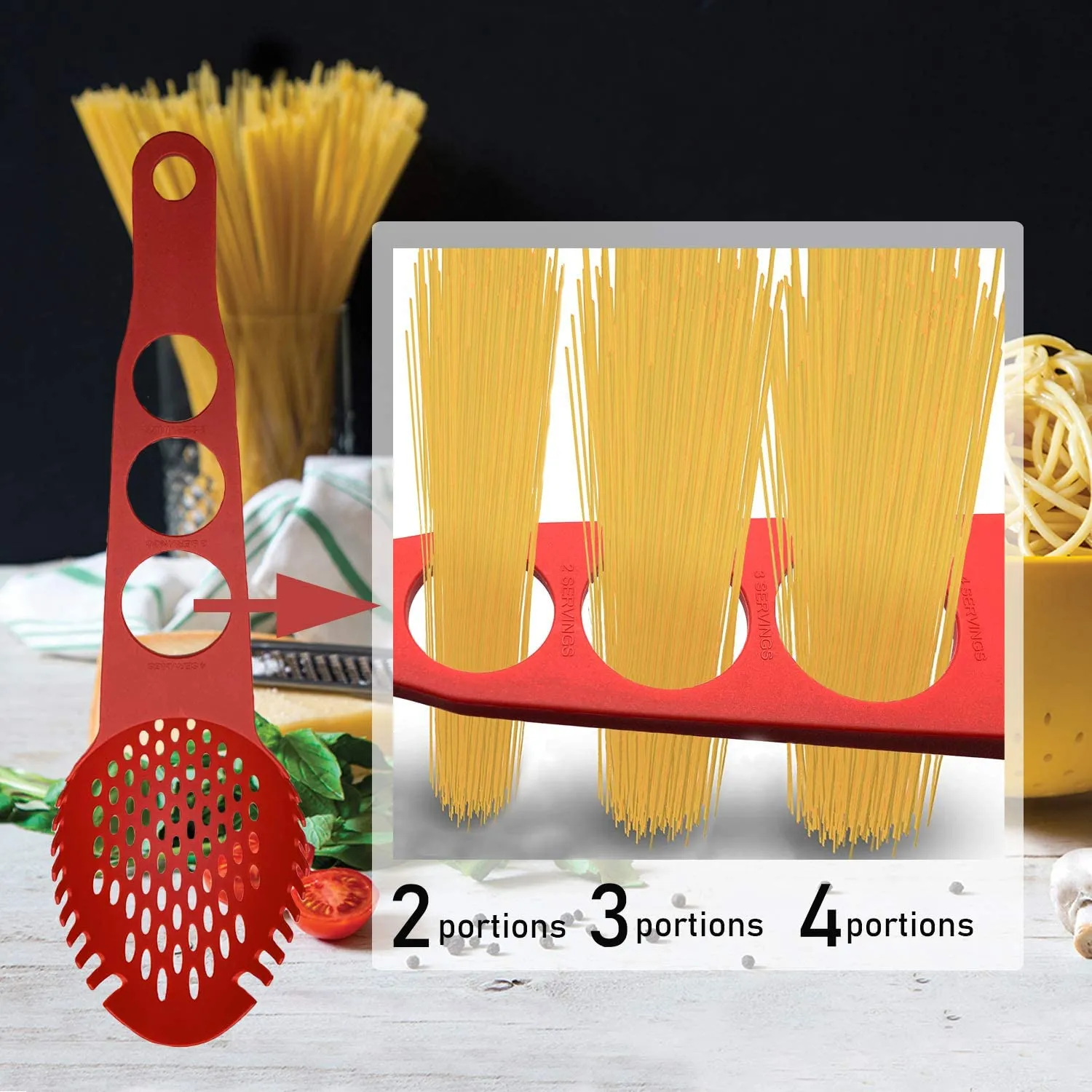 Servidor de espaguete nylon não-vara macarrão forquilha colher de colher de comida com espaguete medir ferramenta ferramenta concha para cozinha