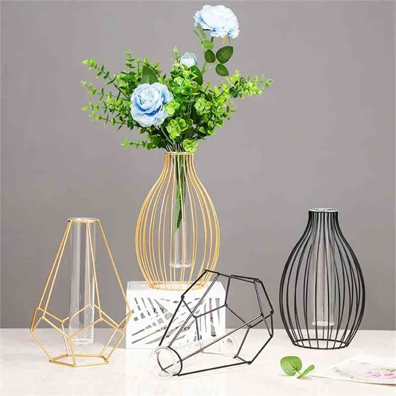 Nordic Style Iron Art Vase Plant Flower Vase Glass Tube Bottle Stand Rack Metal Plant Holder Ornament Home Decoration 210409