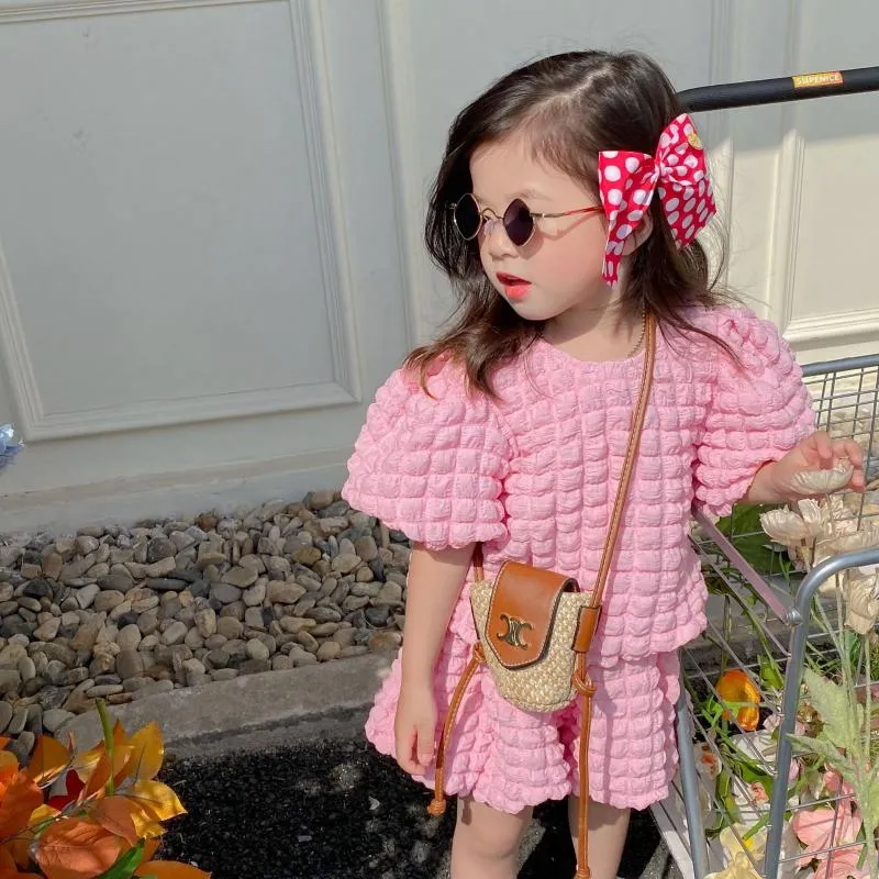 Set di abbigliamento Baby Girl Set Pink Suit 2022 Summer Sweet Wind Cherry Blossom Powder Bubble Skirt Camicetta principessa Set di due pezziAbbigliamento