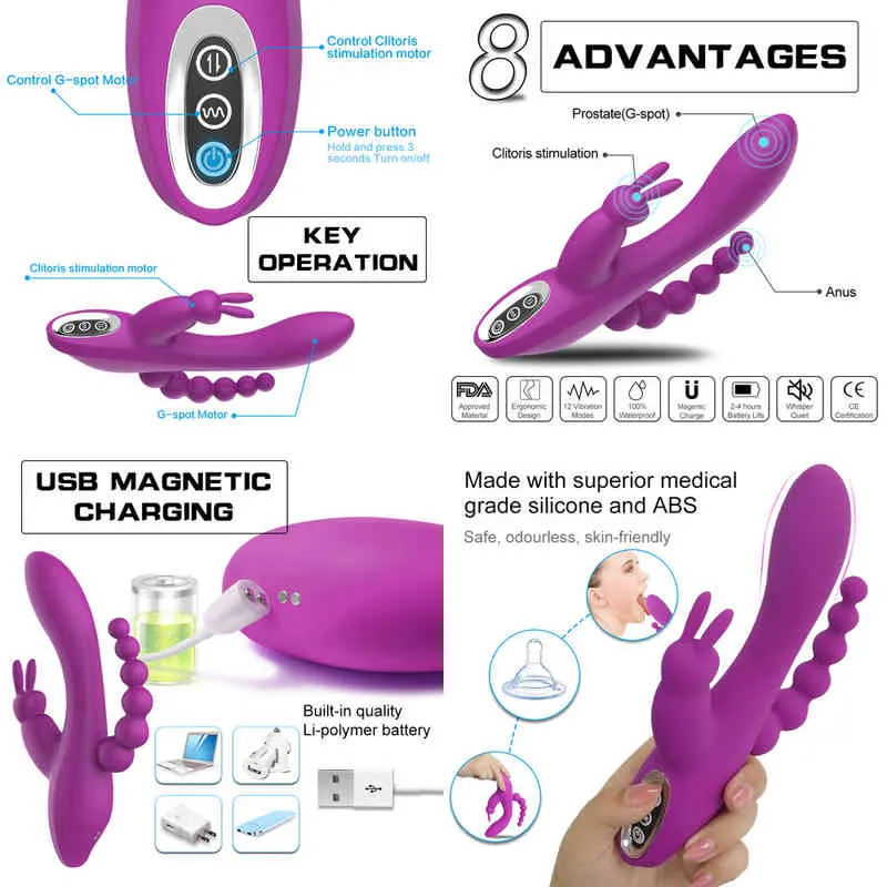 Vibromasseurs NXY 3 en 1 G Spotter Konijn Anale Dildo Vibrator Seksspeeltje Voor Vrouw Volwassen With10 Trilstandjes Waterdichte Clitoris Massage stimulato 220427