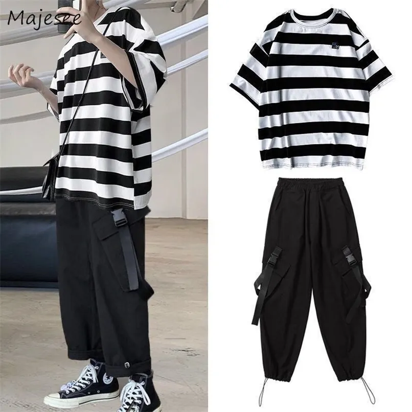 Men Sets Striped Ankle length Trousers Plus Size 3XL Summer Korean Hip hop Chic Leisure Fashion Loose Safari style Teens Ins 220617