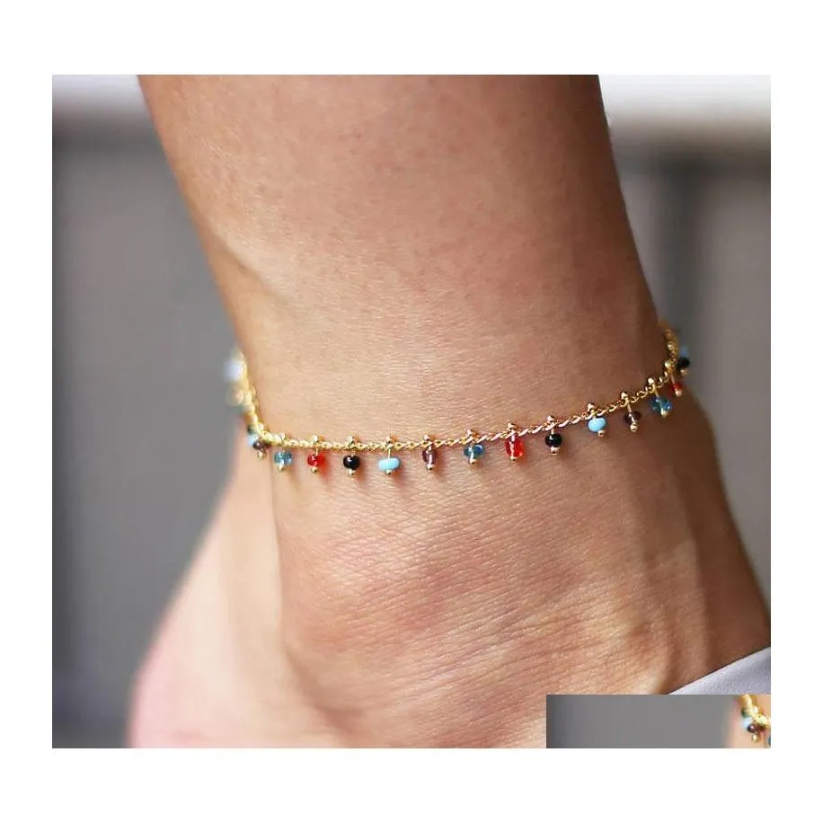 Charm Bracelets Fashion Jewelry Colorf Beads Anklet Chainretro Rainbow Colored Glass Ankle Bracelet Beach Anklets Foot Chains Drop De Dhgzb