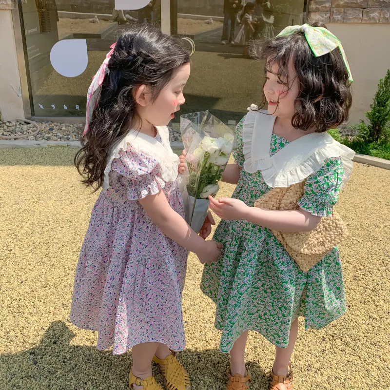 Requintado flores completas imprimir meninas crianças roupas vestido verão elegante v-pescoço princesa vestidos crianças meninas macias roupas