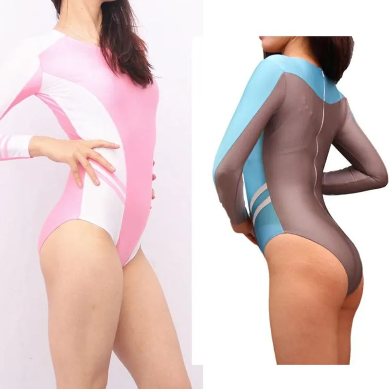Women's Two Piece Pants Plus Size Women Panelled Patchwork Long Sleeve Bodysuit Pole Dance Overalls Bodycon Babydoll Swimwear Sukumizu Shapi
