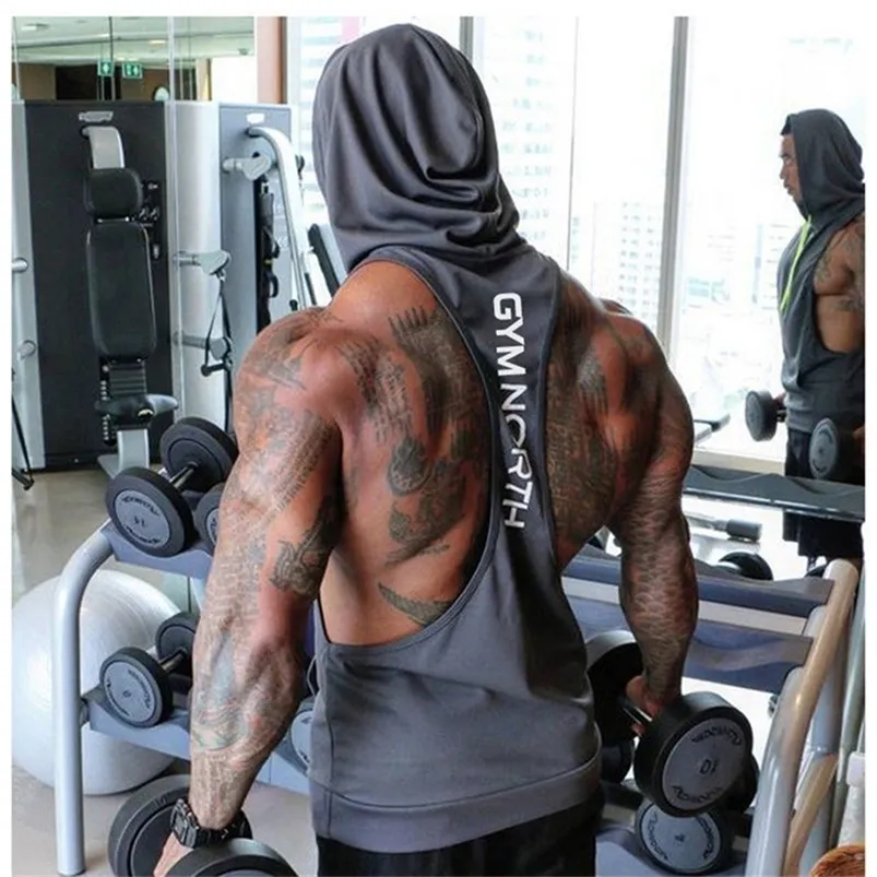 Mens Sleeveless Hooded Tank Tops Gym Hoodie Bodybuilding Workout Stringer Shirt Quick Dry Fitness Man Singlet Summer Casual Vest 220518