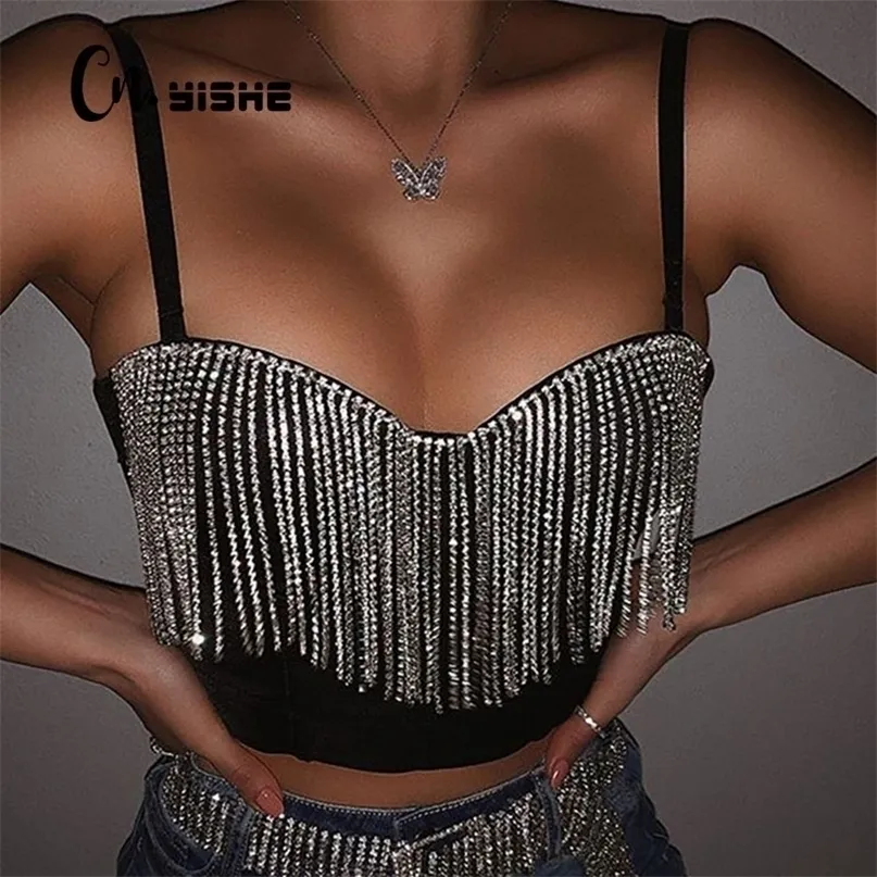 CNYISHE Fashion Sexy Clubwear Diamond Tassel Crop Tops Sleeveless T Shirts Slim Lady Bralette Strap Skinny Female Tee 220402