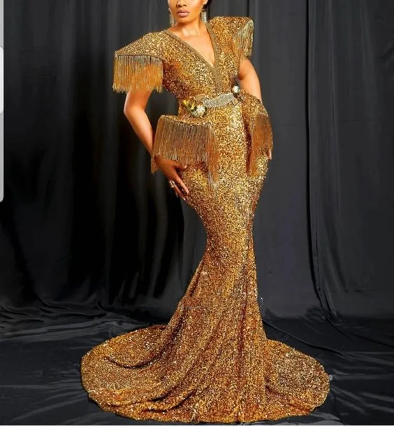 Modest Gold Mermaid Evening Dresses V Neck Plus Size Formal Prom Gowns For  African Women With Sweep Train From Babynice666, $198.5 | DHgate.Com