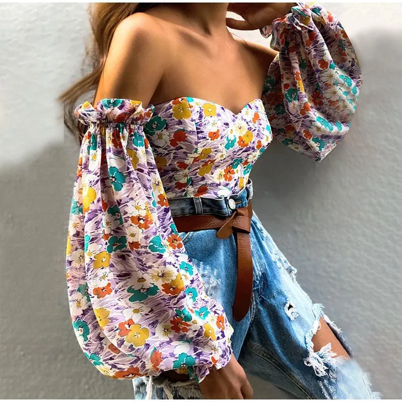 Blouses pour femmes chemises automne manches bouffantes Vintage Blouse femmes Floral Long Corset Crop hauts Sexy élégant femme