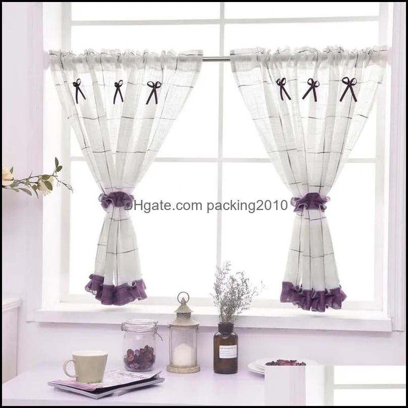 2pcs Simple Pastoral Style Kitchen Curtain High Quality Linen Cloth Curtain with Green Lace Rod Pocket for Window/door