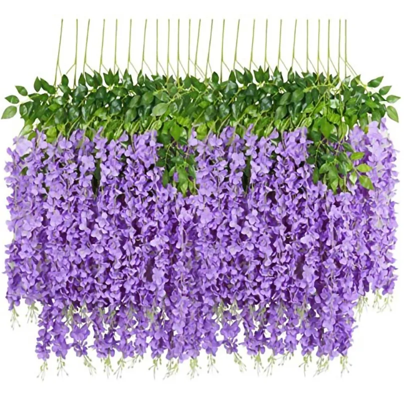 12PCS/SET 3.6 Feet Artificial Flowers Silk Wisteria Vine Hanging Flower for Wedding Garden Floral DIY Living Room Office Decor 220408