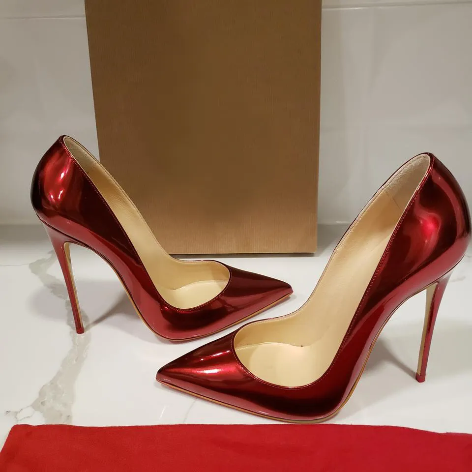 Designer-Kostenloser Versand, modische Damen-Pumps, rotes Lackleder, spitze Zehenpartie, Nieten, Spikes, High-Heels-Schuhe, Stiletto-Pumps, brandneue 12 cm