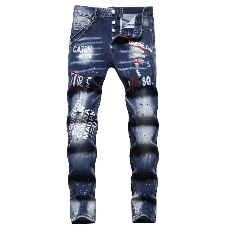 Jeans masculinos Europa Hole de qualidade de alta qualidade Impressão digital Cadeia calça de moda de moda masculina Handememen