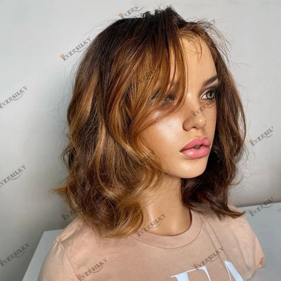 Capelli umani Bob Parrucche anteriori in pizzo ondulato corto per donna 180 Densità Linea sottile naturale 5x5 Chiusura con lacci Remy Capelli brasiliani Parrucca Bob