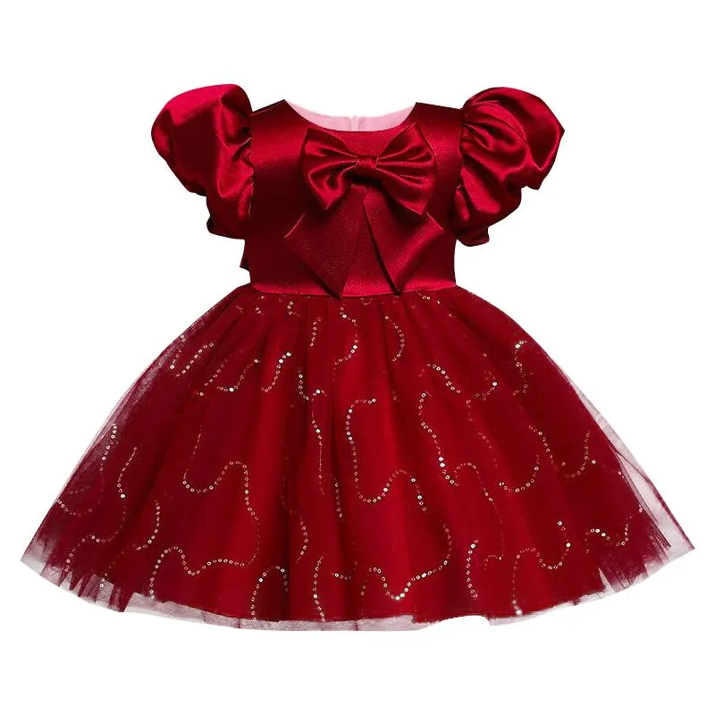 Flickans klänningar Little Girl Baby Princess Party 2022 Barnkläder ett år gammal småbarn Satin Puff Sleeve Dress Clothesgirl's