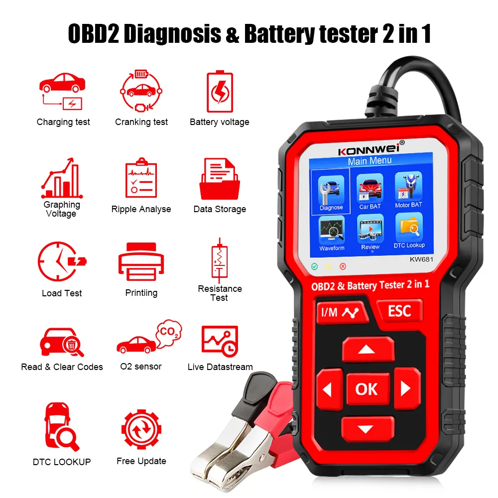 New Konnwei KW681 6V 12V Bil motorcykel Batteri Tester OBD 2 Auto Diagnostic Tool 2 IN1 2000 CCA Bil Diagnostics OBD2 Scanner Snabbförsändelse