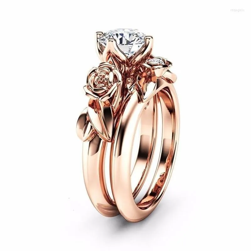 Anillos de boda Modyle 2022 Color plata de moda y juego de anillos de flores de oro rosa para mujer CZ Stone Drop Rita22