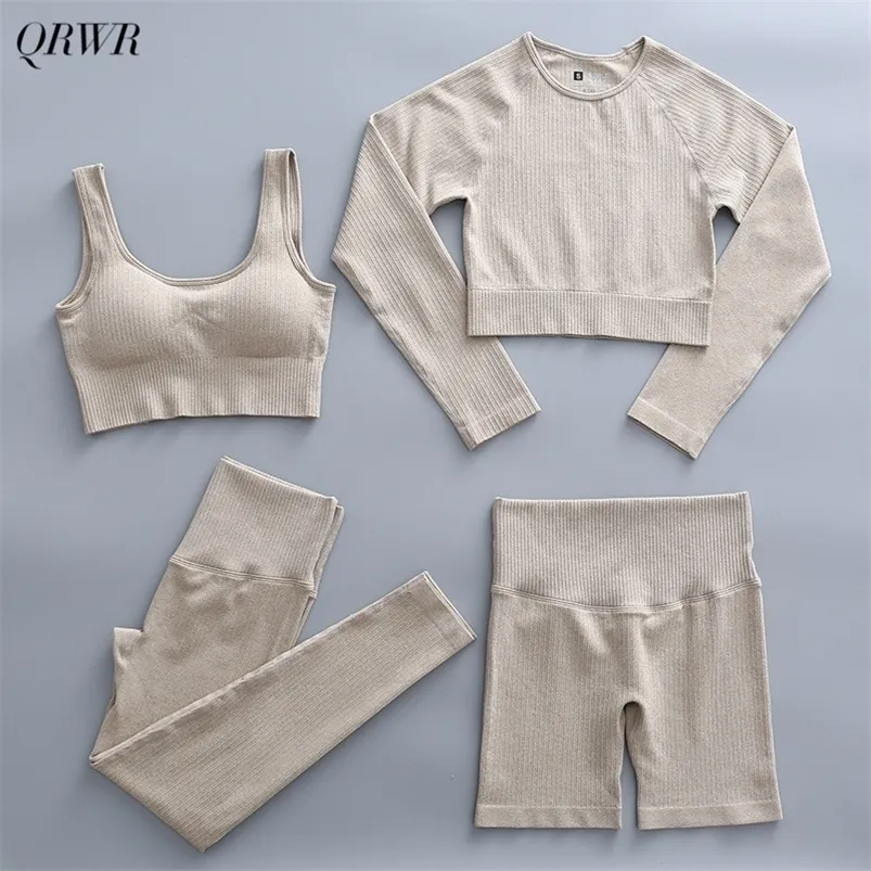 2/4Pcs Set Women's Sportswear Seamless Yoga Set Fitness Long Sleeve Crop Top Sport Bra High Waist Leggings Sport Sports Suits 220513