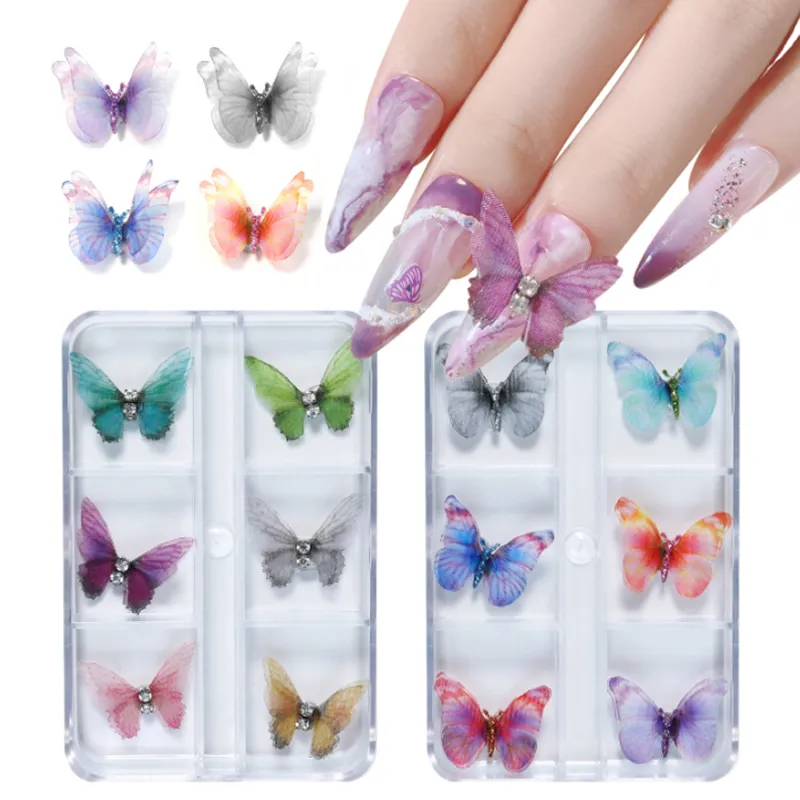 Set of 6 Pcs 3D Detachable Chiffon Butterfly Nail Art Decorations Simulated Butterflys Nail Sticker