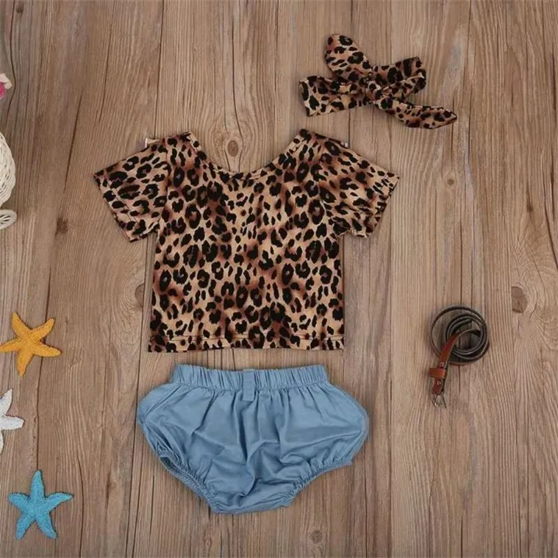 Born neonate copre gli insiemi di estate del leopardo maniche corte T-shirt pantaloni Headhand bambino neonate copre l'insieme LJ201223