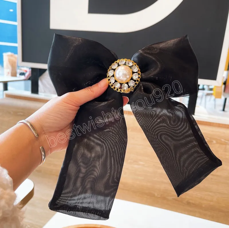 Korean Fabric Big Bow Tie Brooch Solid Color Yarn Crystal Pearl Lapel Pins Shirt Collar Fashion Brooches for Women Accessories