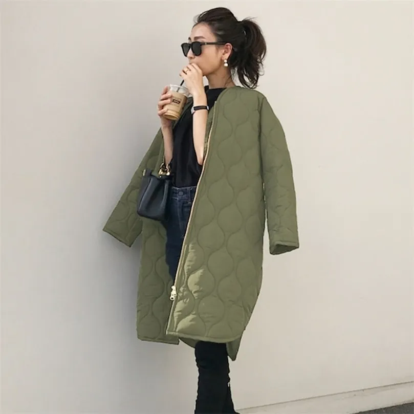 Cotton Peded Jacked jas vrouwen mode leger groen zwart slanke ritssluiting omhoog lange jas herfst herfst winter outdarnen vrouwelijk parka 201126