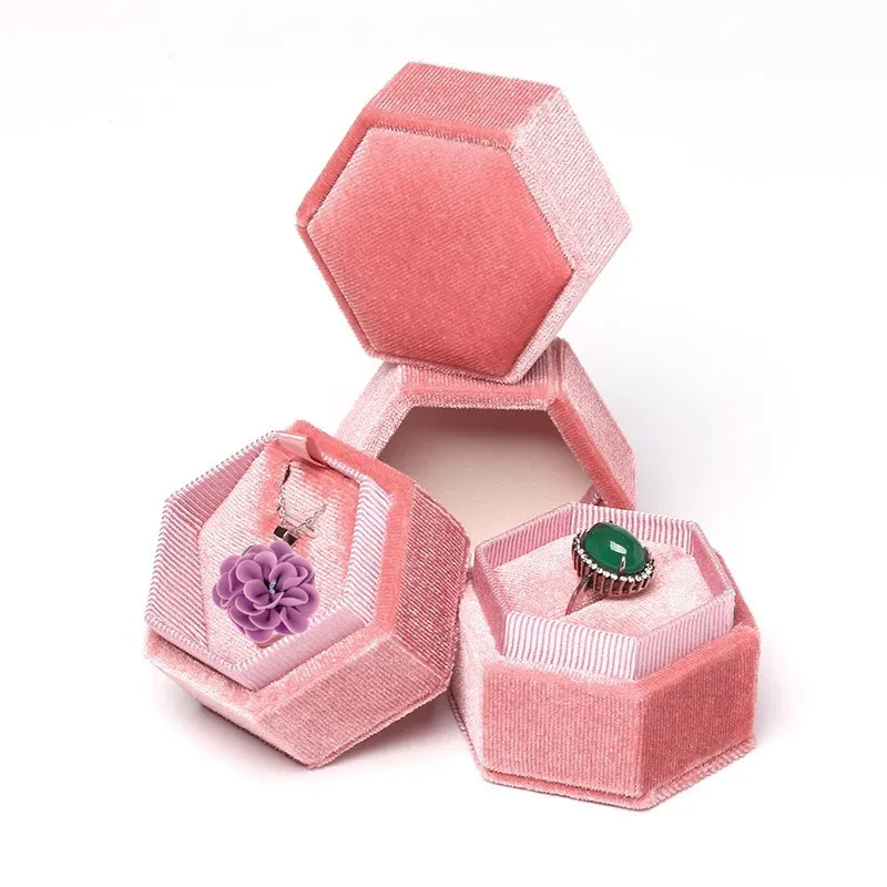 Caixa de anel de veludo hexagonal Caixas de anel de noivado de casamento duplo de slot duplo