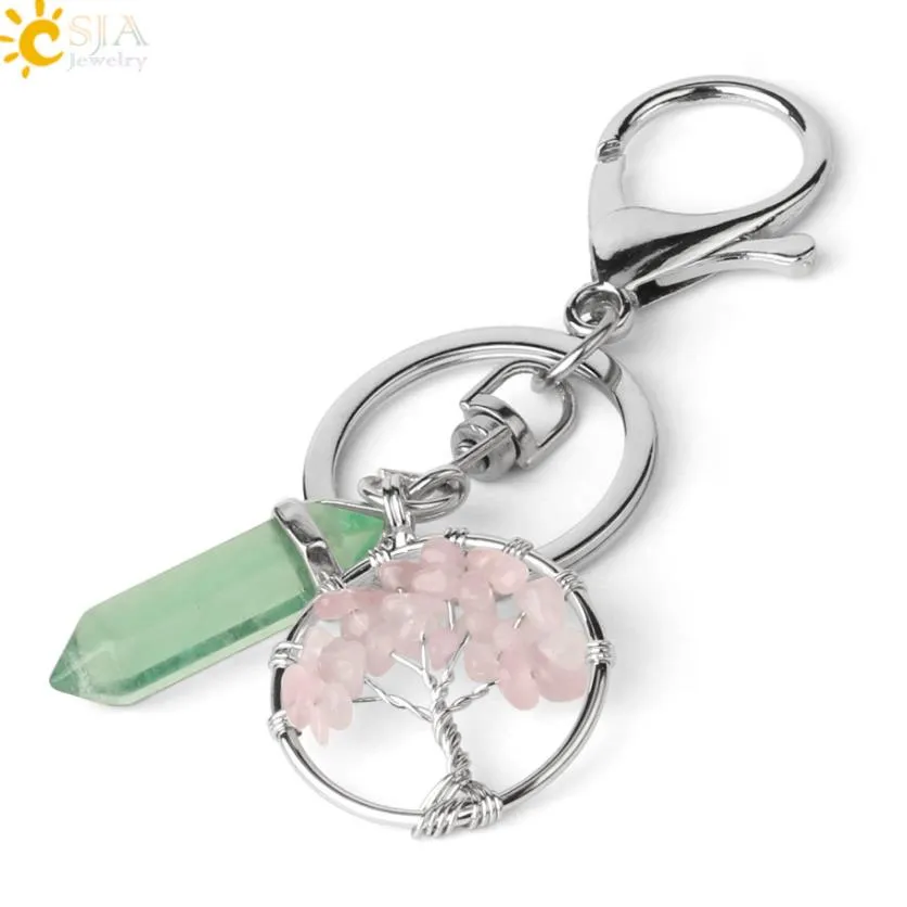 natural stone tree of life key rings green fluorite hexagonal prism keychains healing rose crystal car decor keyholder sports2010