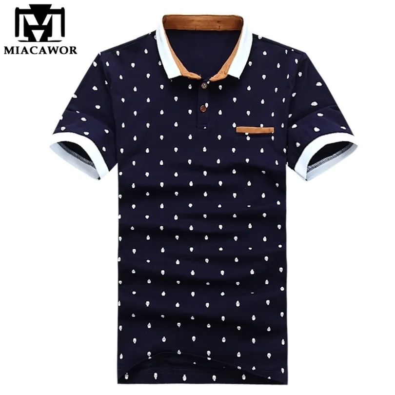 MIACAWOR NEW POLO SHIRT MEN 95% BOTTOM Summerskjorta Kortärmad Poloshirts Fashion Skull Dots Print Camisa Tops Tees MT437 T200505