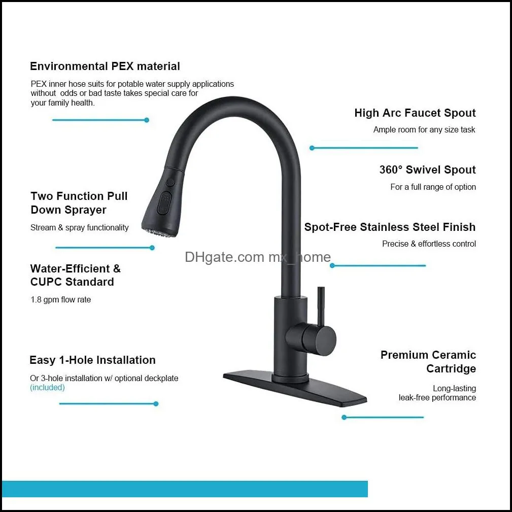 Matte Black Finish Kitchen Sink Faucet Pull Out Sprayer Deck Mount Mixer Tap Swivel Spout Water