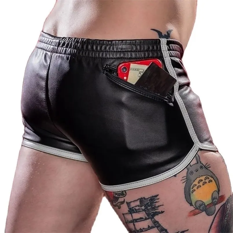 Schwarz, sexy für Männer mit Taschen, Herren-Shorts aus Kunstleder, Sport, Laufen, Fitness, Strand, schnell trocknend, 220617