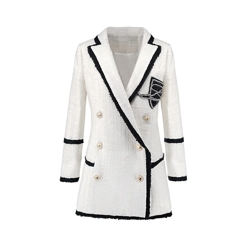 Plus storlek XXXL Women High Street Long Jackets Runway Beading Double Breasted Solid Color White Slim Chic Blazers High Quality LJ201021