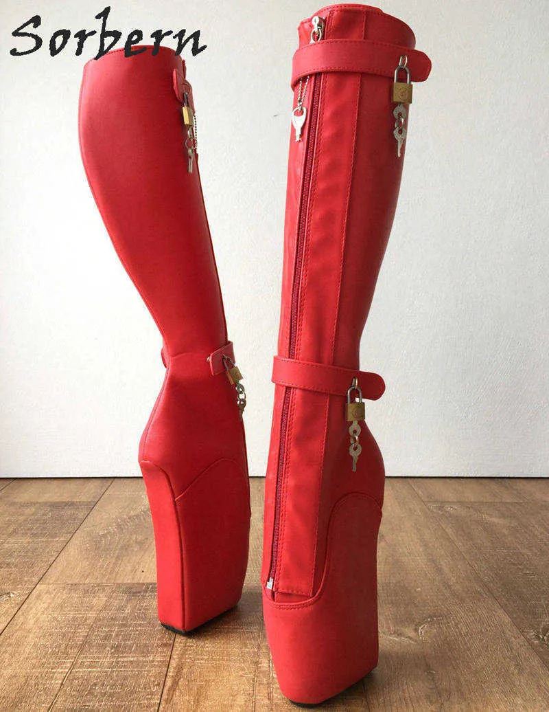Sorbern 6 KEYS Locking Zip Boots Knee High Women 18cm High Heels Ballet Wedge Boot Fetish Dominatrix Black Custom Wide Leg From Plus shoes store 215.65 DHgate.Com