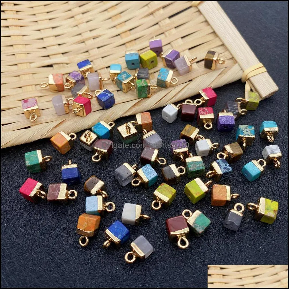 5x10mm natural crystal stone cubic square charms green blue rose quartz pendants gold edge trendy for necklace earrings jewelry making sports2010