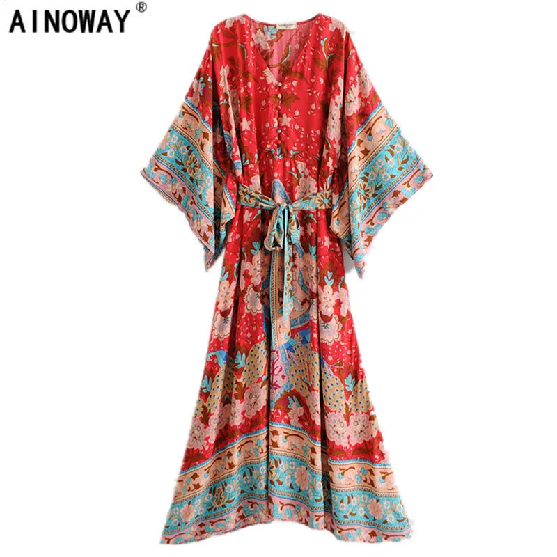 Vintage chic kvinnor röd blommig tryckt bat ärms strand bohemiska klänningar kimono damer v nacke rashes boho maxi klänning vestidos 220613