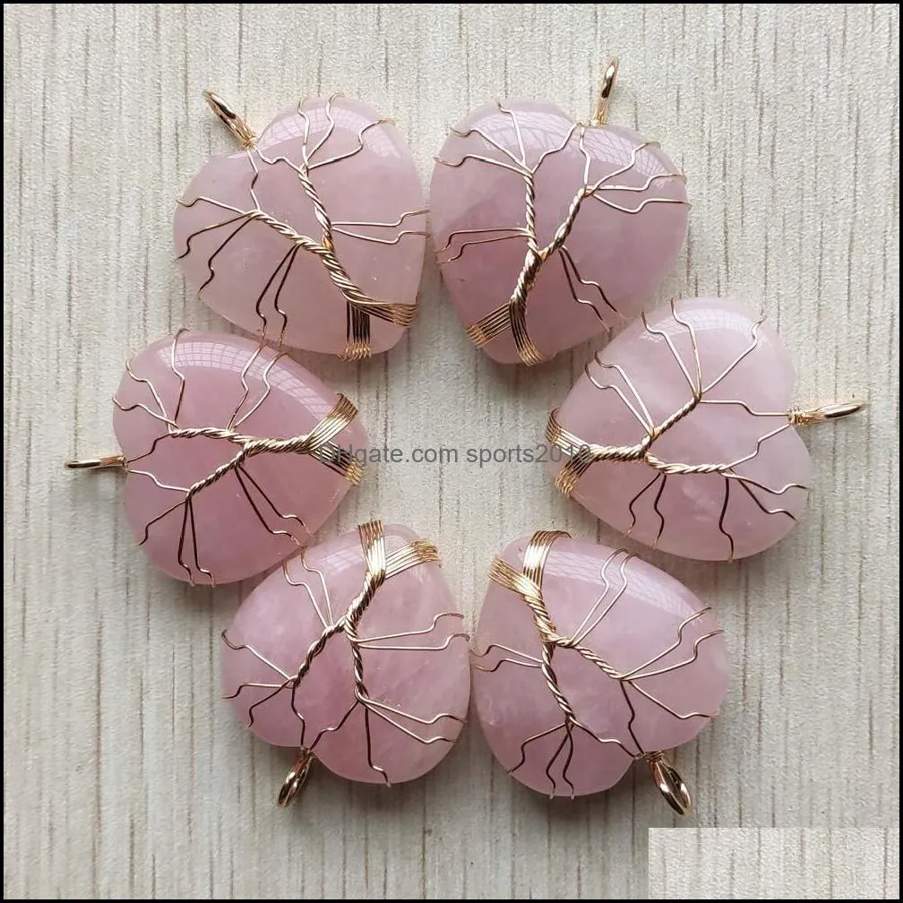 Arts And Crafts Natural Roses Quartz Stone Charms Tree Of Life Golden Wire Wrapped Love Heart Pendants For Necklace Jewelry Sports2010 Dhcxi