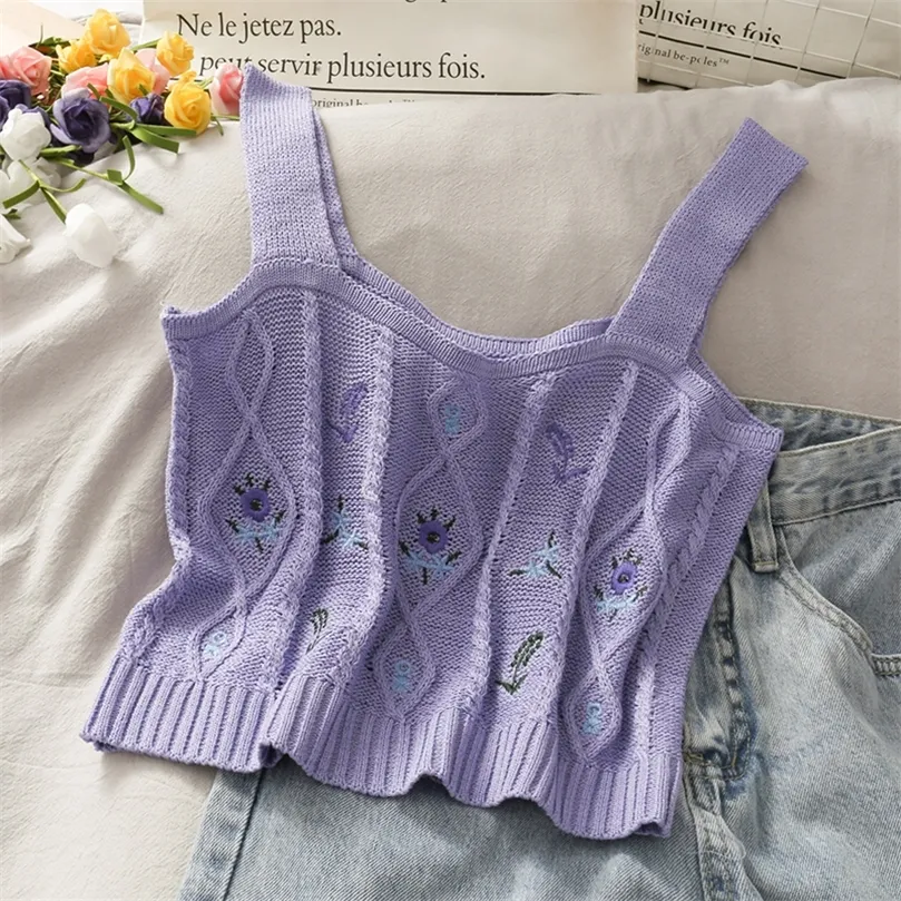 Pearl Diary Women Knitted Crop Camis Top Ladies Floral Embroidery Knitted Short Vest Summer Sweater Vintage Tank Crop Camis Top 220607