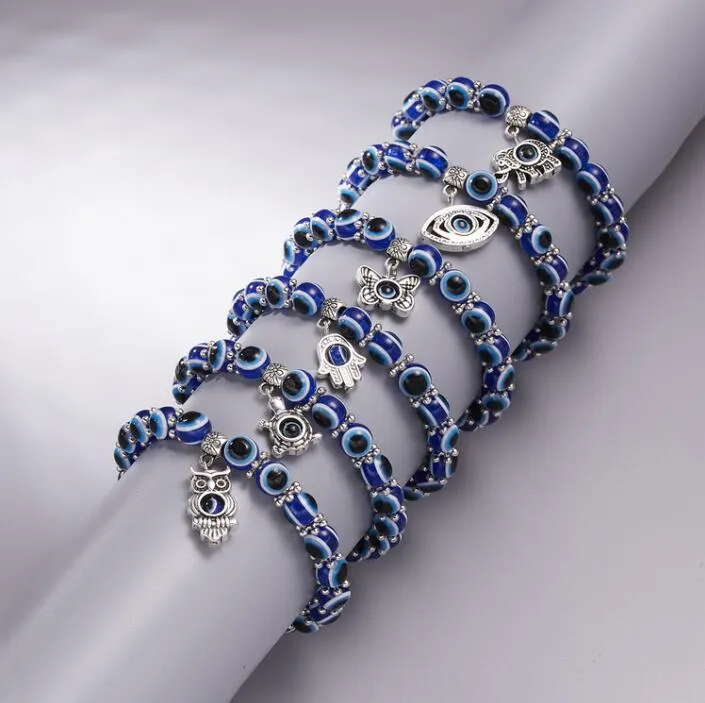 Acrylic Religious Charms Lucky Hand Beaded Strands Stretch Bracelet Jewelry Evil Blue Eyes Bead Bracelet for Women Men Jewellry Party Gift