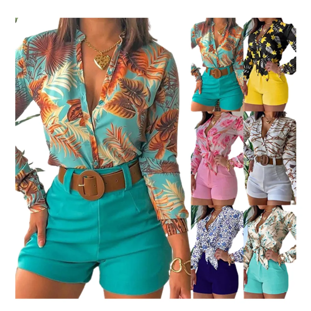 Digital Printing Blouses For Women Casual Stand Collar Long Sleeve Cop Top Chiffon Shirts Or Solid Shorts HK888