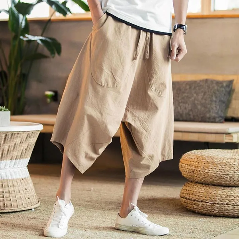 Mens Pants Men Harajuku Harem Capri Drop Crotch Solid High Waist Baggy Cropped Trousers Summer Cotton Linen Joggers PantsMens