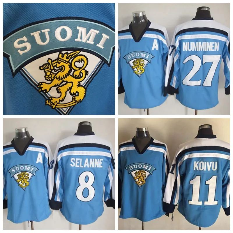 Mi08 Hommes Vintage 11 SAKU KOIVU 1998 Maillots de hockey de l'équipe de Finlande SUOMI 27 TEPPO NUMMINEN 8 TEEMU SELANNE Maillot bleu clair M-XXXL