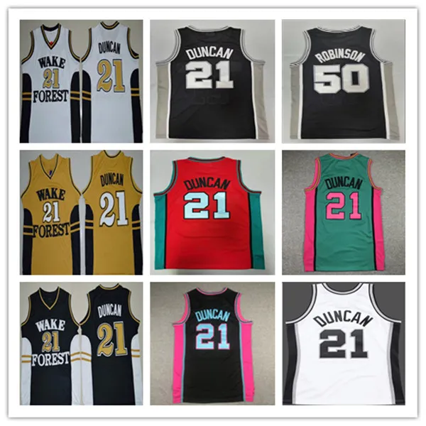 Man Tim 21 Duncan Wake Forest College Basketball Jerseys Stitched Pink Red Green Geel Black Vintage David 50 Robinson Jersey Size S-XXL