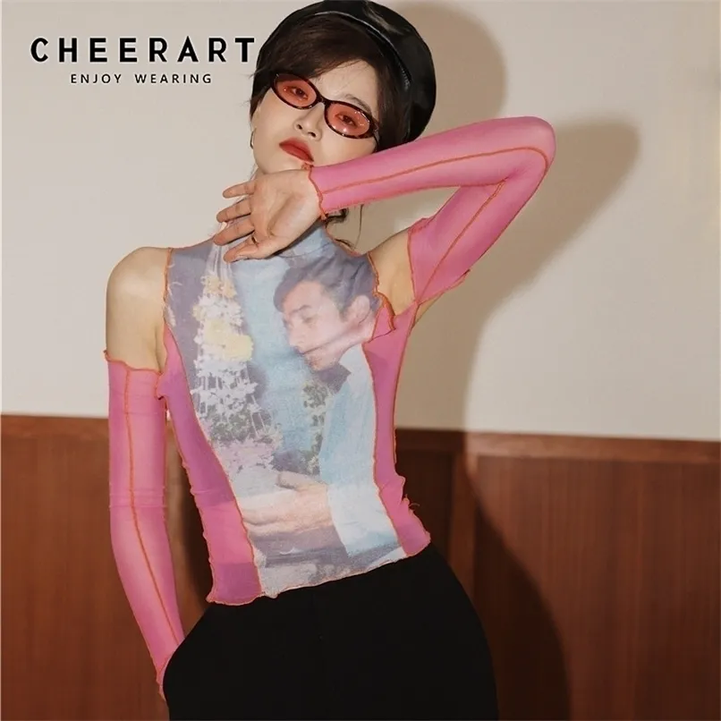 Cheerart Mesh Top lange mouw T -shirt Turtleneck T -shirt Vrouwen zien door top T -shirt Femme Summer Fashion 220527