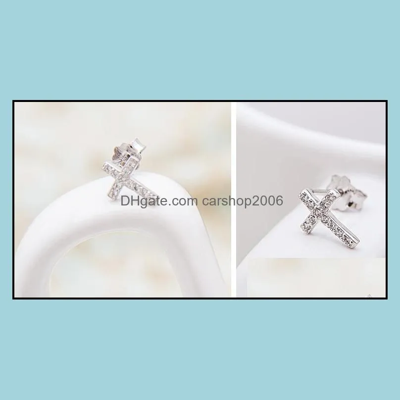top grade silver earrings girl hot sale crystal crosses stud earrings for wedding party fashion jewelry wholesale free shipping -