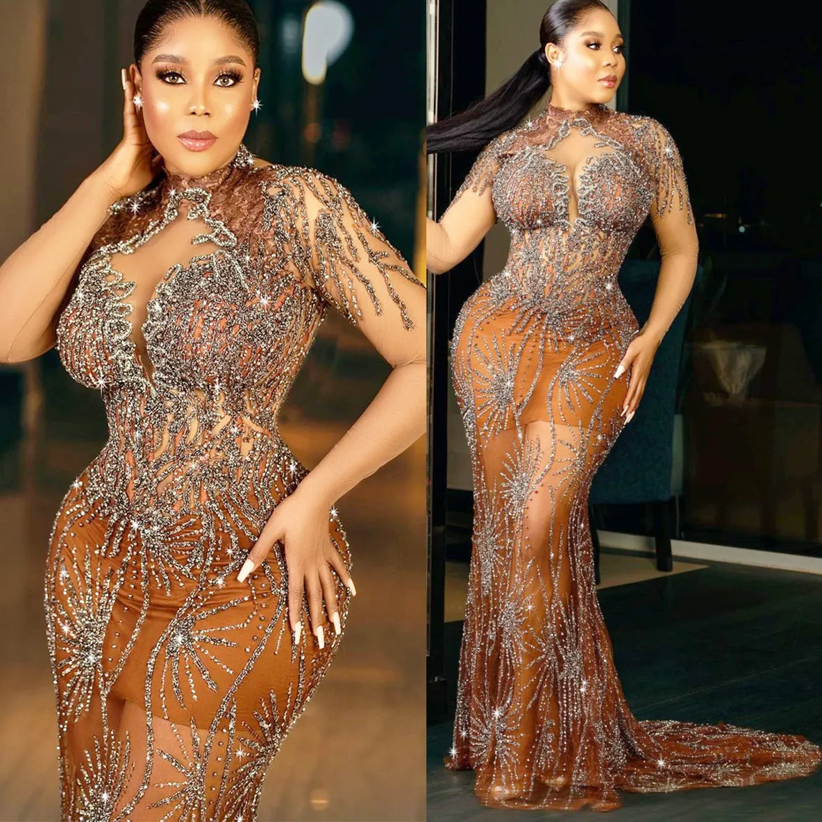 2022 Plus Size Arabic Aso Ebi Brown Mermaid Luxurious Prom Dresses Lace Pärled Evening Formal Party Second Reception Birthday Engagement Gowns Dress ZJ670