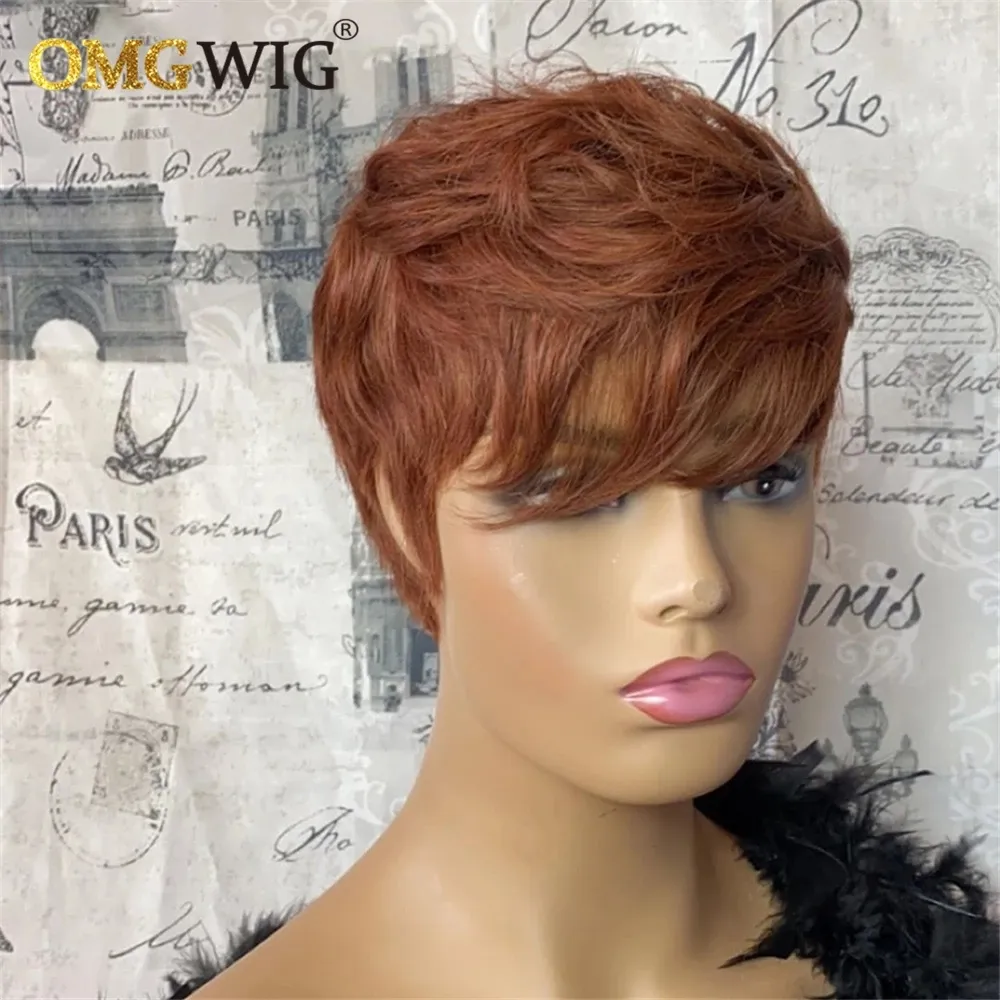 Honey Blonde Short Bob Pixie Cut Wig Natural Wave Brasilian Remy Human Hair Wig With Bang For Women Full Machine Made