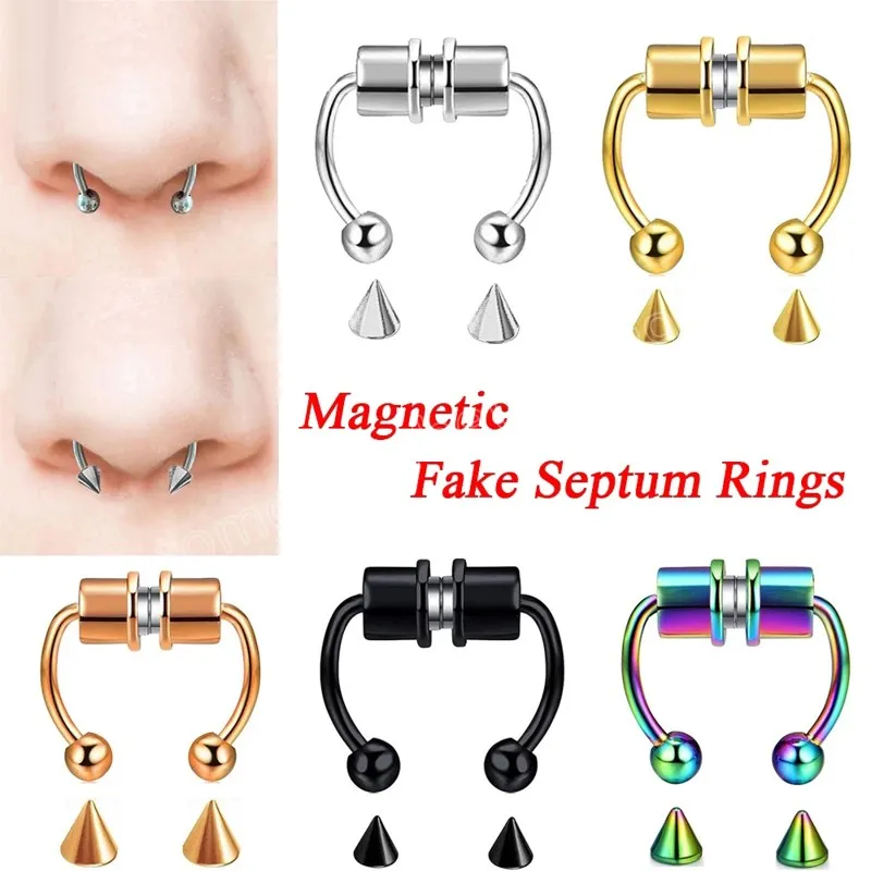 Piercing magnético falso com argola de septo Anéis de nariz falsos Stud Bolas de aço Spikes Jóias sem piercing Brincos magnéticos reutilizáveis