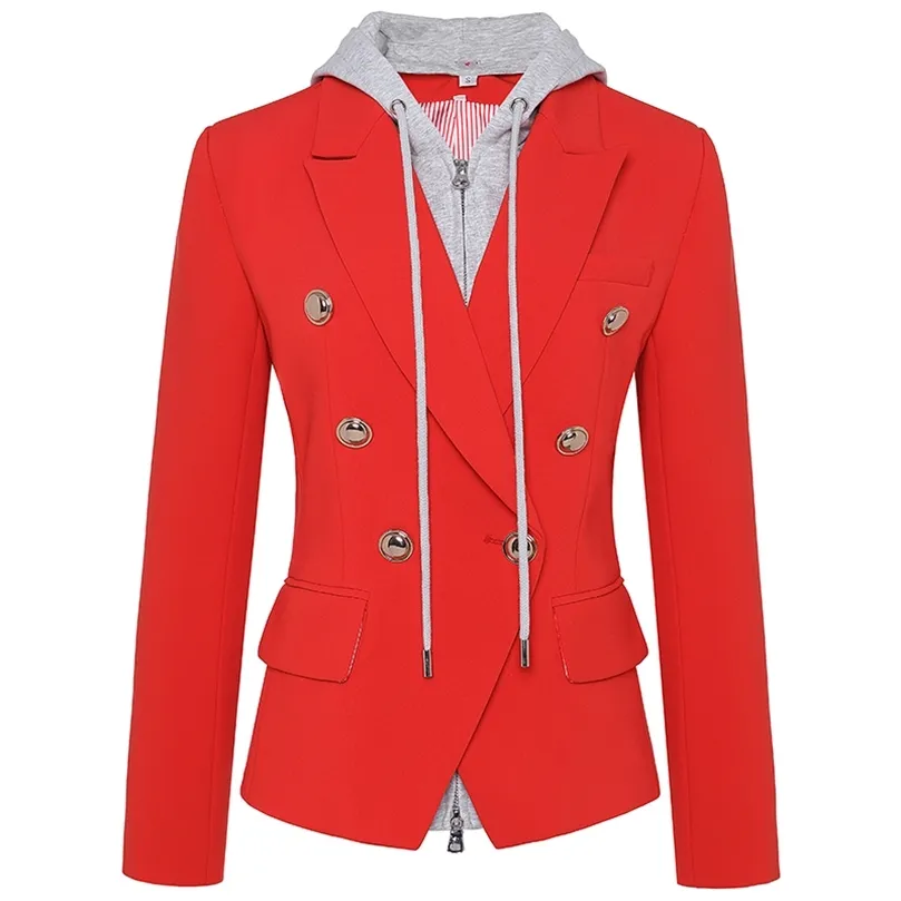 HIGH STREET est Stylish Designer Blazer Jacket Women s Zip rimovibile con cappuccio doppio petto Blazer rosso casual LJ201021